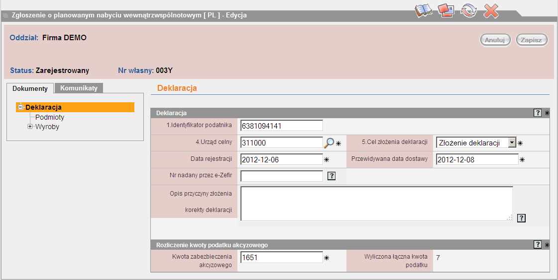 też zapisanie zgłoszenia w formie pliku XML do dalszej obsługi (podpis elektroniczny, przesłanie z wykorzystaniem witryny e-zefir). 9.6.3.1.