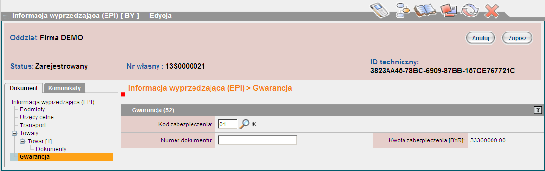 Każdy towar musi mied wypełnioną sekcję "Dokumenty" niezależnie. 9.8.1.6.