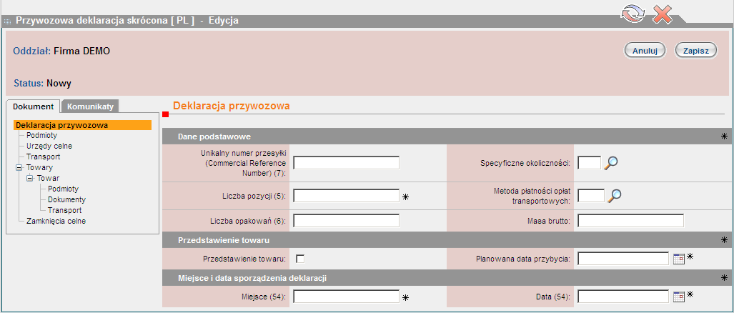 Rysunek 33. Przywozowa deklaracja skrócona - edycja Ekran Towary pozwala na wyspecyfikowanie towarów, objętych deklaracją. Jak poprzednio, nową pozycję wpisuje się przez dodanie przyciskiem.