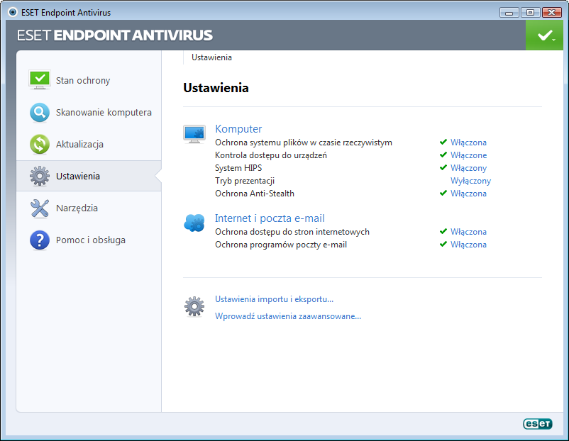 4. Praca z programem ESET Endpoint Antivirus Korzystając z ustawień programu ESET Endpoint Antivirus, można skonfigurować odpowiedni poziom ochrony komputera.