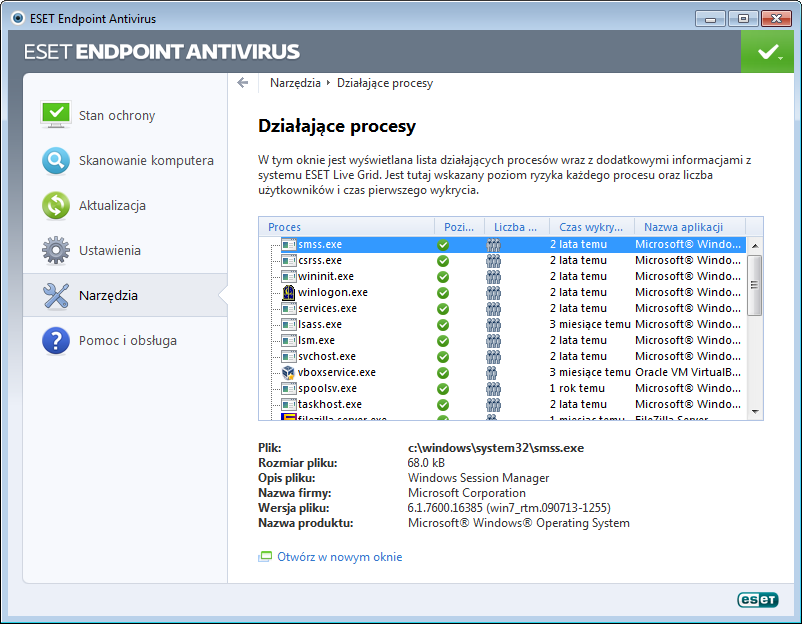 4.4.7 Działaj ące procesy Funkcja Działające procesy wyświetla uruchomione na komputerze programy lub procesy oraz natychmiastowo i w sposób ciągły informuje firmę ESET o nowych infekcjach.