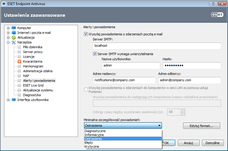 4.4.10 Alerty i powiadomienia Program ESET Endpoint Antivirus obsługuje wysyłanie wiadomości e-mail po wystąpieniu zdarzenia o wybranym poziomie szczegółowości.