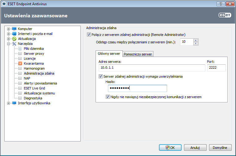 Włącz tryb administracji zdalnej, wybierając opcję Połącz z serwerem ESET Remote Administrator.