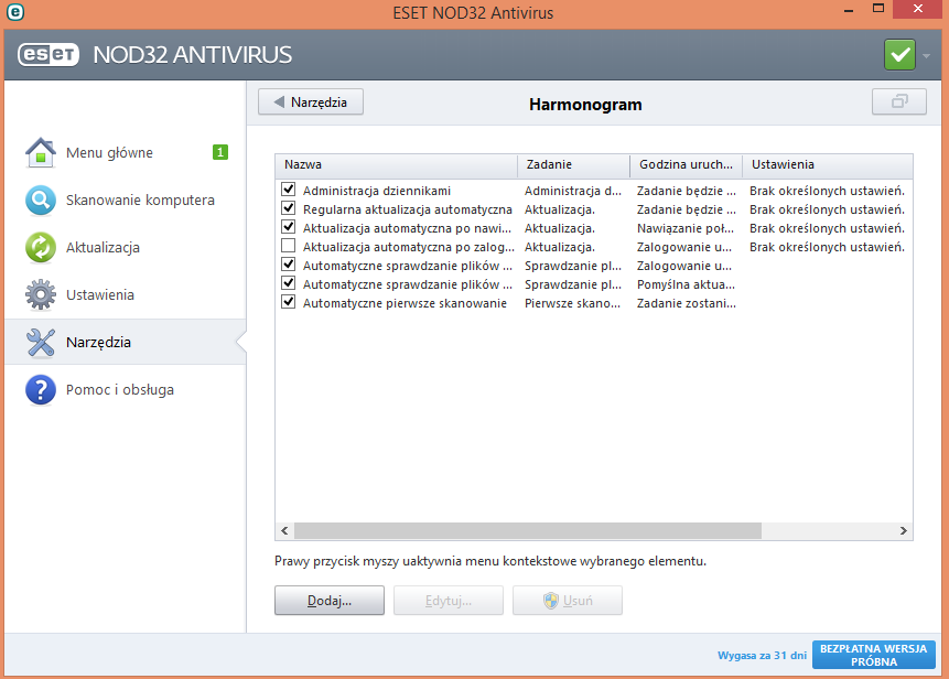 Rys. 19. Okno Harmonogram w programie ESET NOD Antywirus 6.