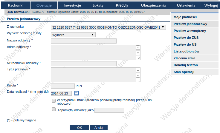 W celu wykonania symulacji przelewu kliknij opcję Operacje w górnej belce menu, a następnie Przelew jednorazowy w pionowym menu po prawej stronie.