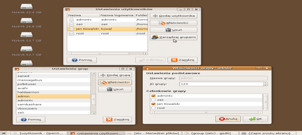 grupami lokalnego systemu plików, - nadawanie