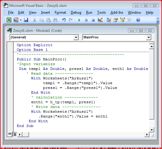 9.7. Excel programowanie w VBA 1. W edytorze VBA utwórz moduł, Insert Module 2. Wypełnij moduł procedurą o nazwie np. MainProc(). 3.