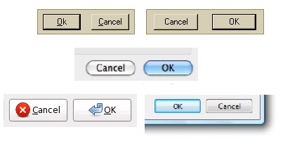 Projektowanie interfejsów użytkownika na potrzeby aplikacji interaktywnych Różne umiejscowienie przycisków OK i Anuluj użytkownik przyzwyczajony do jednej