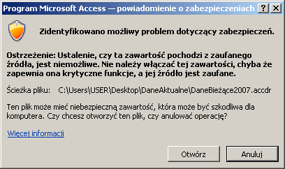 Po uruchomieniu aplikacji (najlepiej poprzez skrót dostępny na pulpicie): należy ją otworzyć mimo ewentualnego komunikatu o możliwym problemie dotyczącym