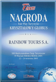 Nagrodę Fair Play Turystyki KRYSZTAŁOWY GLOBUS przyznaną na XIII Międzynarodowych Targach Turystycznych TT Warsaw TOUR & TRAVEL 2005 odbywających się w Warszawie w dniach 22-24 września 2005 r. 6.2. Główne rynki 6.