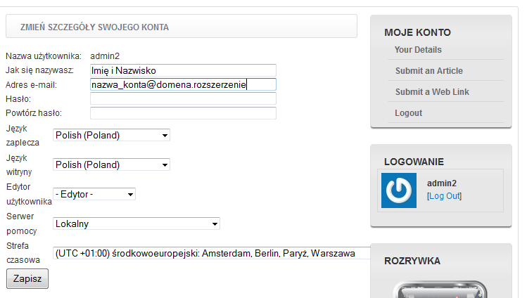 3. Menu Użytkownika (User Menu) Rys. 28 Menu użytkownika Menu użytkownika umożliwia wyświetlenie szczegółów naszego konta (YourDetails), wysłanie artykułu (SubmitanArticle) oraz wylogowanie (Logout).