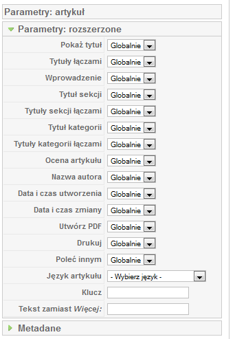 Rys. 53 Parametry rozszerzone. Pokaż tytuł- pokazuje lub ukrywa tytuł pozycji. Tytuły łączami powoduje, że tytuł staje się odnośnikiem do artykułu.