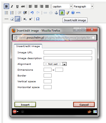 Rys. 60 Wstaw obraz W polu [ Image URL ]wpisujemy/wklejamy adres obrazka, który chcesz dodać do artykułu. W polu [ Image description ] wpisujemy opis obrazka.