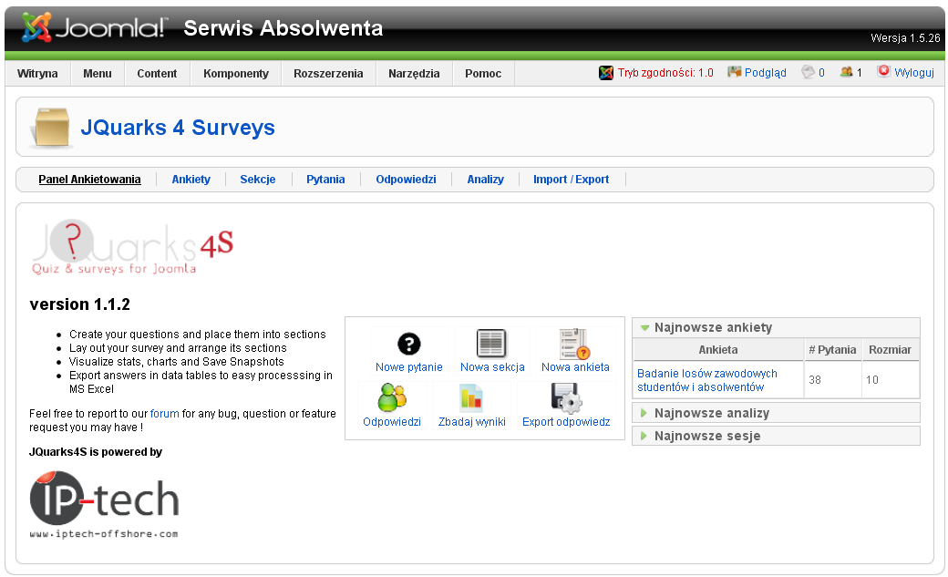 V. Moduł ankietowania 1. Administracja Kluczowym elementem serwisu absolwenta jest badanie losów zawodowych absolwentów po ukończeniu studiów i określonych czasie od tego zdarzenia.