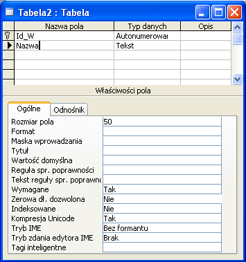 Krok 2 Dodaj pole do przechowywanie nazwy wydawnictwa Dodaj pole Nazwa o typie danych Tekst. Wymuś wprowadzenie wartości dla tego pola o niezerowej dł.