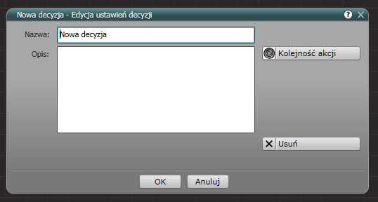 Decyzję dodać można korzystając z ikony Decyzji znajdującej się w pasku narzędzi: Po wybraniu wystarczy umieścić ikonkę w dowolnym miejscu obszaru roboczego i dodać akcję wchodzącą i co najmniej