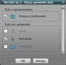 Innym sposobem przypisania roli do akcji jest kliknięcie przycisku Uprawnienia w oknie edycji właściwości akcji, co otworzy okno Edycja uprawnień akcji.