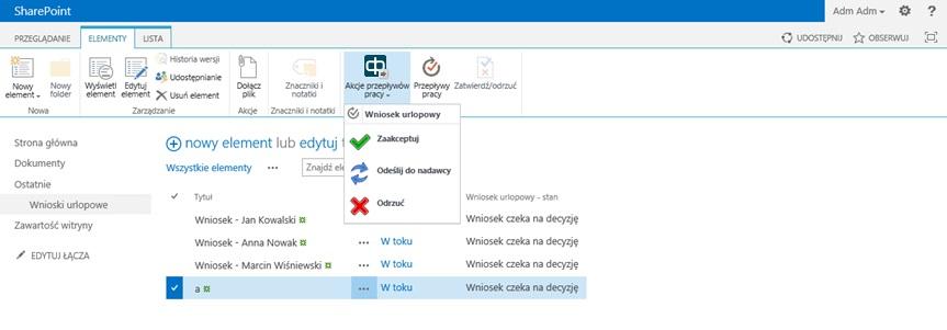 Ikony i podpowiedzi, które ustawisz w Opcjach wyświetlania akcji widoczne są w menu akcji na wstążce: Jeśli ikona akcji nie zostanie zdefiniowana, użyta będzie domyślna. 2.3.