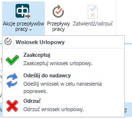 Gdy informacje zostaną pobrane, wyświetlone zostanie standardowe menu kontekstowe. Akcje uruchamiać można też z poziomu formatki elementu lub po zaznaczeniu elementu z poziomu menu Elementy na liście.