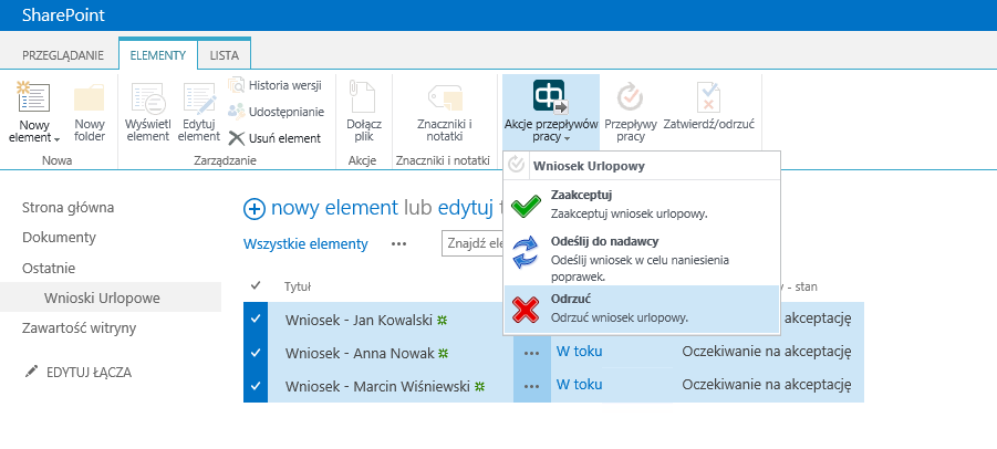 Uwaga: Menu akcji wyświetla tylko te akcje, które są wspólne dla wszystkich zaznaczonych elementów.