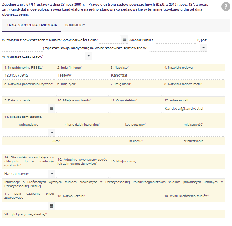 2.1. Wypełnianie karty zgłoszenia Po wybraniu przycisku Zgłoś kandydaturę otworzy się Karta Zgłoszenia Kandydata.