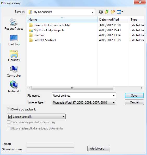 Readiris TM 14 - Podręcznik użytkownika Gdy Readiris zakończy przetwarzanie dokumentów, wyświetlone zostanie okno Plik wyjściowy. Nazwij plik wyjściowy i wskaż miejsce jego zapisu.