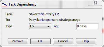 Rysunek 10 - Okno informacji o zależności OpenProject w harmonogramie wyróżnia istotne zadania w projekcie, których problemy z realizacją mogą mieć znaczący wpływ na ukończenie projektu.