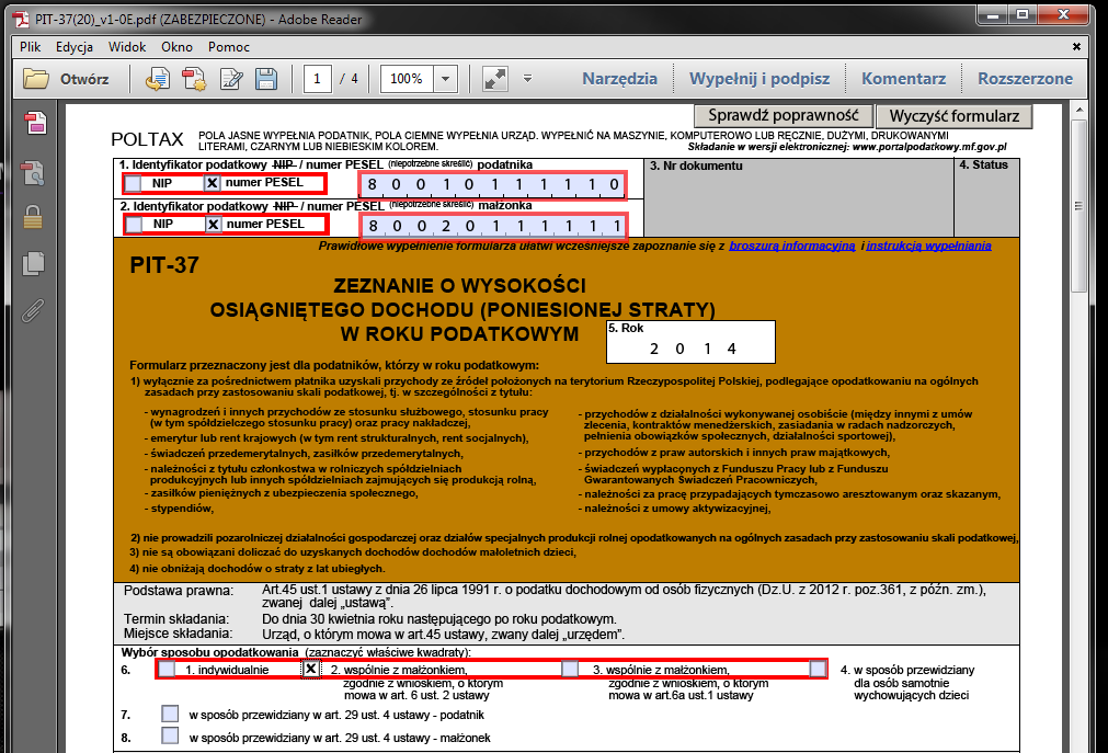 Na górze każdej strony formularza dostępne są dwa przyciski: Sprawdź poprawność służący do sprawdzenia wypełnionego formularza przed wysyłką; Wyczyść formularz służący do usunięcia wprowadzonych do