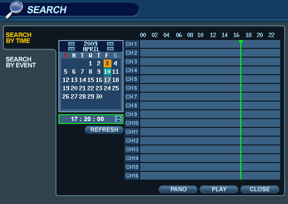 Oś czasu po prawej stronie ekranu przedstawia 24-godzinny stan wszystkich kanałów dla wybranego dnia. Fragmenty zaznaczone na jasnoniebiesko oznaczają nagrany materiał. 1. WG.