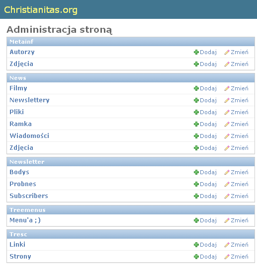 Dodawanie i edytowanie treści jest możliwe poprzez panel administracyjny, do którego dostęp mamy poprzez wpisanie w przeglądarce adresu http://christianitas.jedryka.