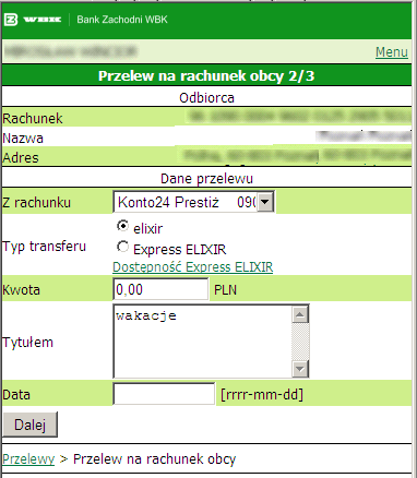 Jak dokonać przelewu na rachunek obcy? Wejdź w zakładkę Przelewy. Wybierz opcję Przelew złotowy na rachunek obcy. Wybierz odbiorcę przelewu. Wybierz rachunek, z którego chcesz przekazać środki.