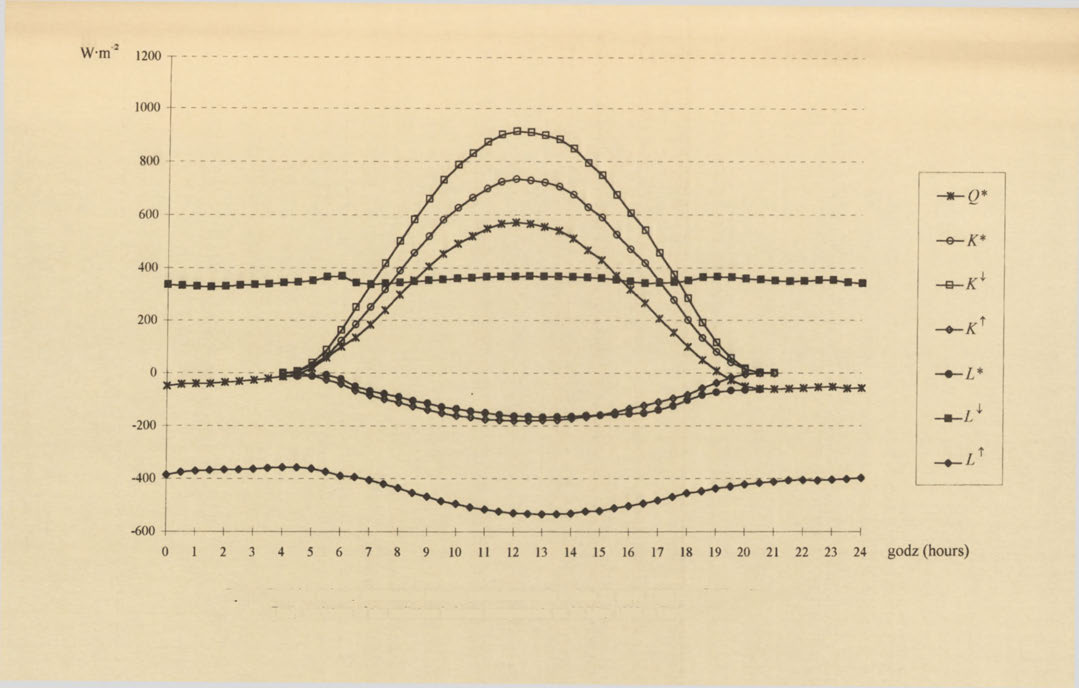 Rvc. I. Przebieg dobowy składników bilansu promieniowania w dniu 29 maja 1998 r.
