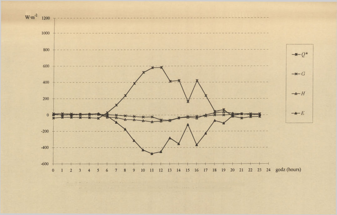 Ryc. 7. Przebieg dobowy składników bilansu energii w dniu 16 lipca 1993 r.