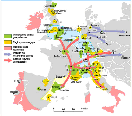 EUROPEJSKIE MEGALOPOLIS (ZWANE TAKŻE NIEBIESKIM BANANEM ) (OBSZARY GOSPODARCZE W EUROPIE, KLETT) Do ciągłości podziału gospodarczego dochodzą budzące nie mniejsze obawy podziały natury