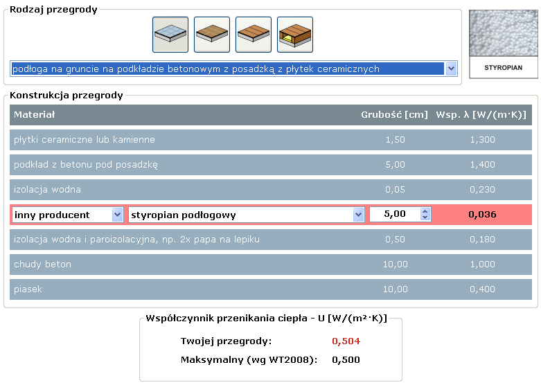 III. Podłoga na gruncie (podać współczynniku U przegrody w oparciu o konstrukcję przegrody oraz warstwy materiałowe i ich grubości).