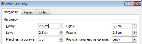 2 Układ, marginesy, numerowanie stron, części Przykład 1 Praca wydrukowana na papierze A4, układ pionowy. Drukowana jednostronnie. Aby ustawić marginesy: 1. przejdź do zakładki Układ strony, 2.