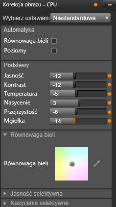 Panel ustawień umożliwia dostosowanie dostępnych ustawień dla korekcji lub efektu. W tym miejscu wyświetlane są ustawienia dla grupy ulepszeń korekcji zdjęcia.