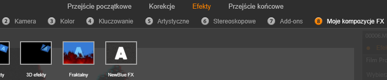 Tak jak w przypadku korekcji efekty można stosować do klipów na osi czasu projektu. Wystarczy kliknąć dwukrotnie klip, aby otworzyć odpowiedni edytor multimediów przy otwartej karcie Efekty.