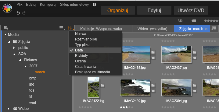 W przypadku grupowania według daty foldery reprezentują rok utworzenia pliku. W takich folderach pliki są następnie grupowane według miesiąca.