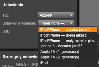 Apple Microsoft Xbox i Xbox One Nintendo Wii Sony PS3 i PS4 Sony PSP Podczas eksportowania stereoskopowego projektu 3D będą wskazane formaty 3D zgodne z danym urządzeniem.