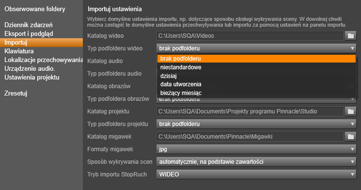 Opcje folderów: Wyświetlanie lub ustawianie domyślnych miejsc przechowywania dla importowanych multimediów i projektów, które są fizycznie kopiowane podczas importowania w przeciwieństwie do