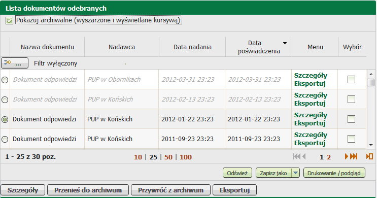 Sprawy 3. Po prawidłowym potwierdzeniu pojawia się kolejna informacja, o ilości przeniesionych dokumentów do archiwum.