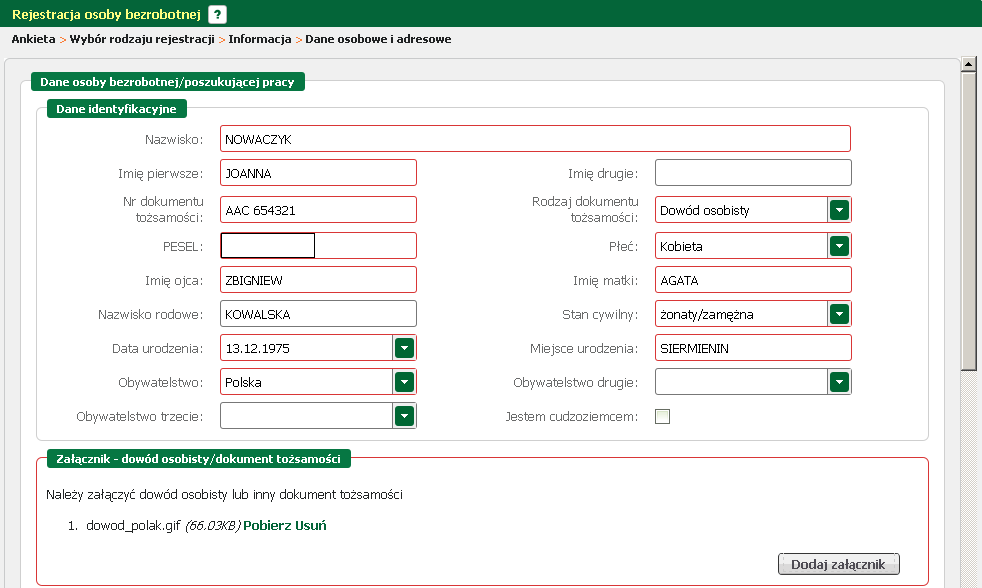 Rejestracja beneficjentów Wypełnienie części dotyczącej danych adresowych polega na: - wybraniu z rozwijanej listy rodzaju adresu (dla adresu tymczasowego wymagane jest podanie daty końca meldunku),