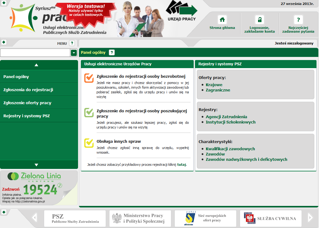 Rozdział I 1.1 Panel ogólny Panel ogólny Panel ogólny Okno Panel ogólny zawiera informacje o usługach elektronicznych Urzędów Pracy oraz o rejestrach i systemach PSZ.