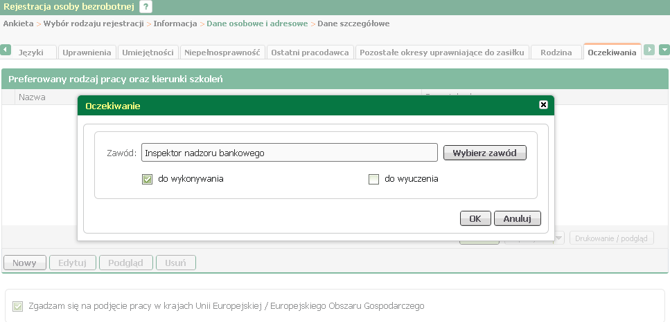 Rejestracja beneficjentów Aby wyedytować dane oczekiwań należy: 1. Zaznaczyć dane i nacisnąć przycisk "Edytuj". 2. W oknie, które zostanie wywołane dokonać zmian i zatwierdzić przyciskiem "OK". 3.1.1.1.4 Dane dodatkowe W zakładce Dane dodatkowe należy udzielić dodatkowych odpowiedzi na zadane pytania.