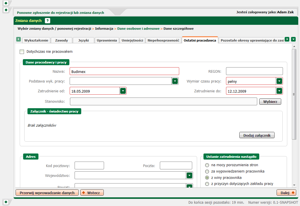 Rejestracja beneficjentów W przypadku ponownej rejestracji, jeżeli dane od ostatniej rejestracji