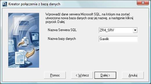 Rysunek 99. Okno dialogowe: Kreator po<czenia z baz< danych wybór bazy 6. W kolejnym kroku kreatora wybierz z listy nazwc serwera, na którym chcesz utworzyq bazc, lub wprowadx jf samodzielnie.