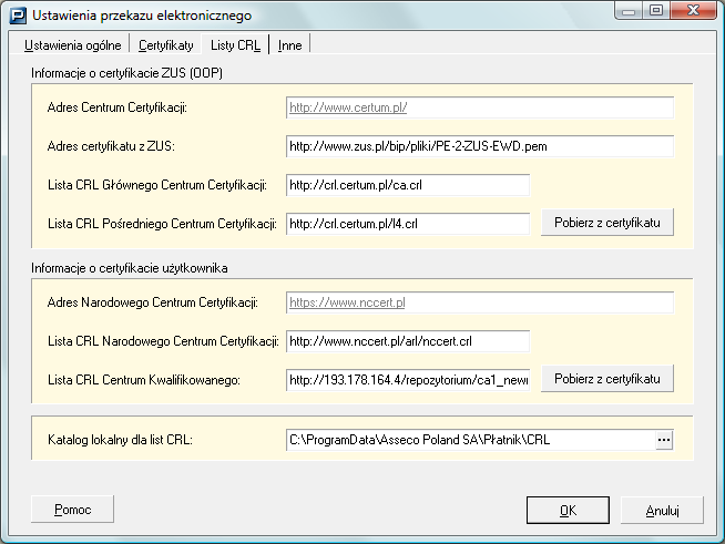 4.2.6 Ustawienia list CRL Na zakadce Listy CRL znajdujf sic parametry sudfce do konfiguracji adresów sudfcych do pobierania list CRL.