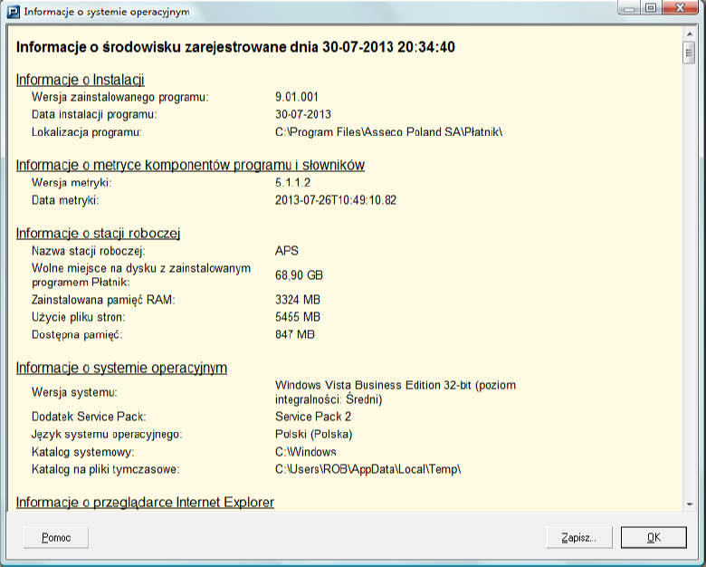 4.4 Stan systemu Funkcja pozwala na wy wietlenie informacji o rodowisku, w jakim pracuje program Patnik.