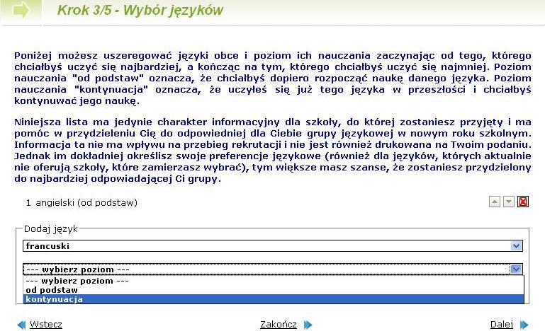 2. W drugim etapie wybierz preferowane przez Ciebie języki obce.